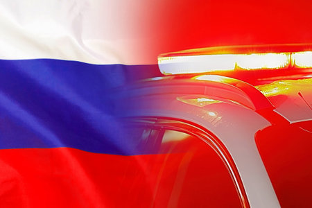 Close-up of the red lights on top of Russia police vehicle on flag of Russia background. The concept of crime and law in the Russiaの写真素材