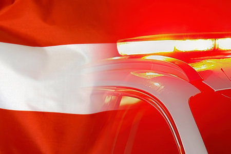 Close-up of the red lights on top of Austria police vehicle on flag of Austria background. The concept of crime and law in the Austriaの写真素材