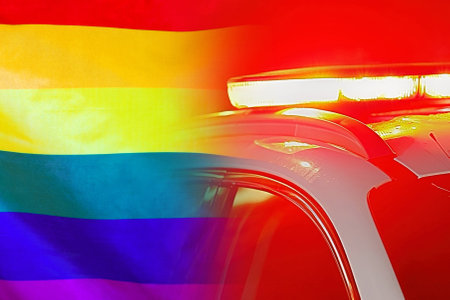 Close-up of the red lights on top of police vehicle on flag of LGBT background. The concept of crime and law in the LGBTの素材 [FY310215541882]