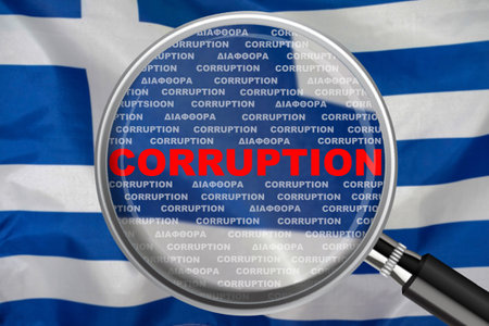 Magnifying glass focused on the word corruption on Greece flag background. Corruption and another financial concept in Greeceの写真素材