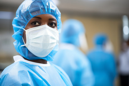 The face in mask of an afro woman surgeon against the background of the operating roomの素材