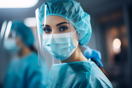 European female surgeon wearing protective mask in operating room environment for surgical procedureの素材