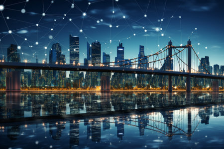 Modern city and communication 6g network, smart city. Blue tone city scape and network connection conceptの素材