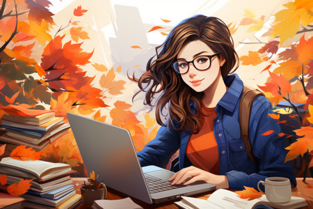 Autumn illustration of a young girl in glasses schoolgirl or student with a laptopの素材