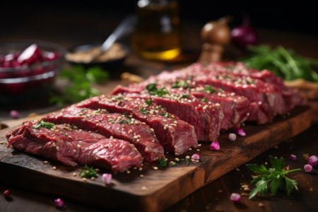 Juicy raw beef steak on wooden cutting board for grilling or cooking, fresh premium meat preparationの素材