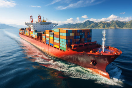 Large container ship traveling through shimmering blue ocean waters on a perfect clear summer dayの素材