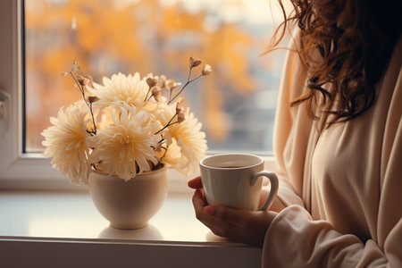 Womans hands holding a ceramic cup of fresh hot coffee by the window in the early morning sunlightの素材