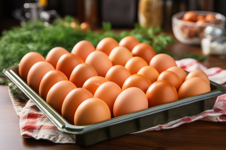 Close-up of fresh organic chicken eggs on wooden table in natural sunlightの素材