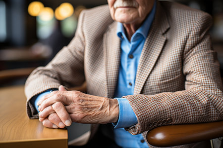 Close-up of elderly mans hand and fingers, displaying aged skin, seated at the tableの素材
