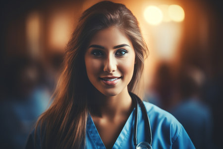 Portrait of female student with stethoscope in hospital, medical education and training conceptの素材