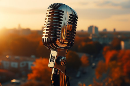 Close-up metal microphone on blurred background for professional recording or concert eventsの素材