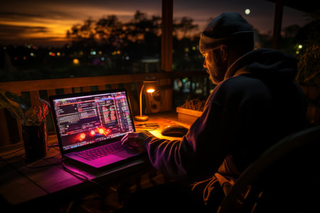 Male programmer analyzing data on laptop at home near window working late at nightの素材