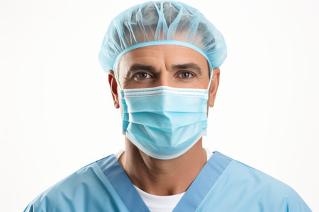 Senior European male surgeon in uniform, cap and mask on white background for medical stock photosの素材