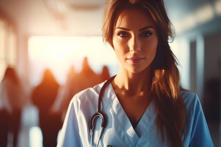 Portrait of female medical student and stethoscope in hospitalの素材