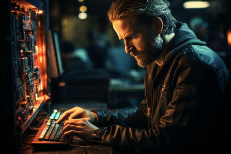 Side view of a focused male programmer working on a computer keyboard in a modern office settingの素材