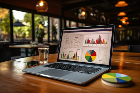 Photo of laptop on table with open screen platform performance analysis, strategic database, KPIの素材