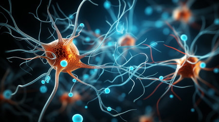 Microscopic examination of blue neuron in laboratory setting for neuroscience research studyの素材