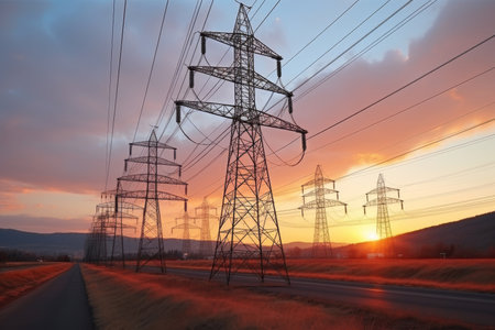 Stunning sunset skyline with electric high-voltage transmission line poles in foregroundの素材