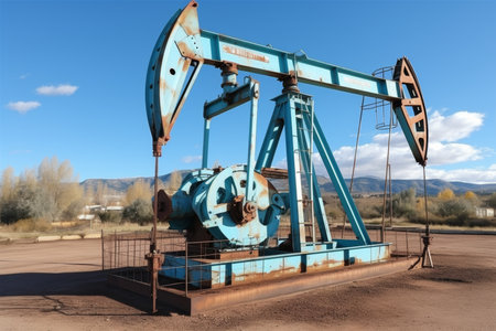 Scenic view of modern oil field with pumpjacks working against a beautiful blue sky in summerの素材