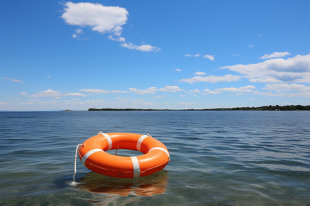 Bright orange lifebuoy floating in clear blue sea against a blue sky on a beautiful sunny dayの素材