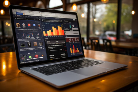 Business crm laptop with digital data display, ai overview and platform performance analysisの素材