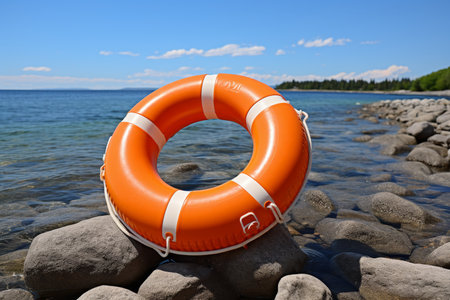 Orange lifebuoy house on the rocky shore against a clear blue sky on a sunny dayの素材