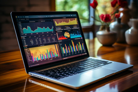 Business crm data analysis. ai, performance, kpi on laptop screenの素材