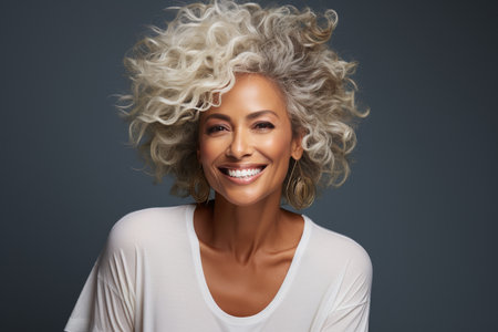 Portrait of a joyful elderly woman with white t-shirt in studio setting smiling happilyの素材