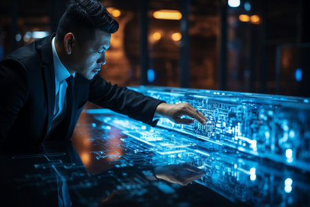 Businessman interacting with ai machine learning on virtual screen with big data and computer codeの素材