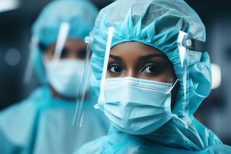 Close-up portrait of skilled African-American woman surgeon wearing protective maskの素材