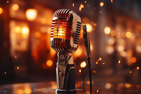 Professional metal dynamic microphone close-up on blurred abstract background for music recordingの素材