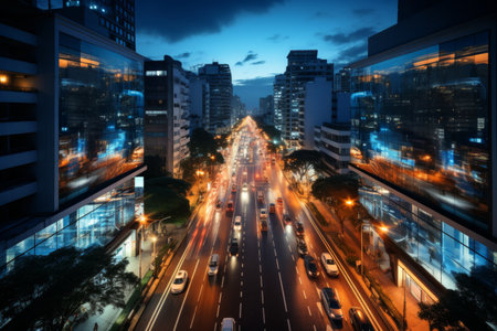Futuristic cityscape with wireless network connection technology in urban setting at nightの素材