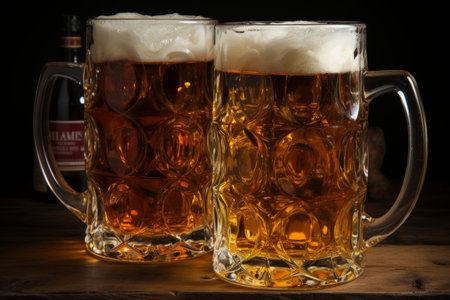 Two frothy beer mugs, refreshing alcoholic beverages for relaxation and socializingの素材