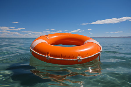 Bright orange lifebuoy floating in the crystal clear sea on a sunny day, safety at sea conceptの素材