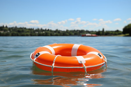Orange lifebuoy floating in endless blue ocean and sky, safety equipment for tranquil day sceneの素材