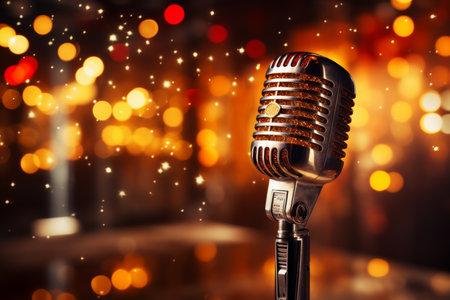 Professional metal microphone close-up on blurred background with copy space for music conceptsの素材