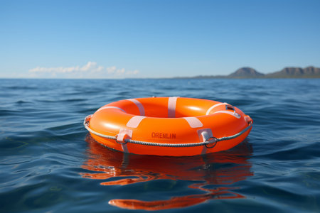 Orange lifebuoy floating in endless blue ocean and sky, safety device for maritime rescue operationsの素材