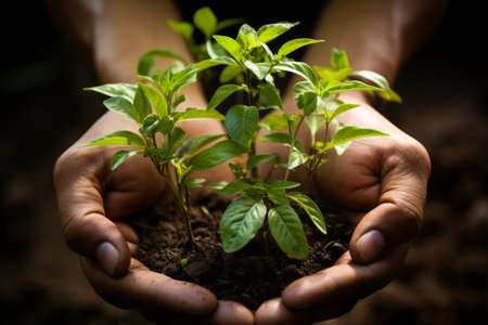 Afro mans hands nurturing small plant in fertile soil, eco-awareness for sustainabilityの素材