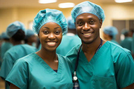 Portrait of smiling African woman surgeon and African American male surgeon in hospitalの素材