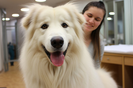 Adorable white pyrenean mountain dog muzzle looking at camera with girl in background in roomの素材
