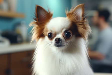 Cute small white chihuahua dogs muzzle gazing curiously at the camera in close-up shotの素材