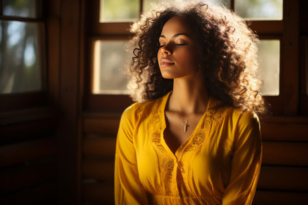 Healthy young black woman practicing yoga at home in bright daytime photo with autumn color paletteの素材