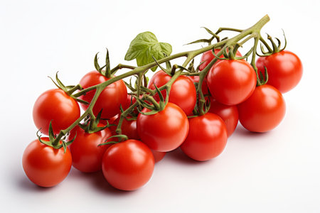 Fresh cherry tomatoes on vine isolated on white background, top view for food photographyの素材