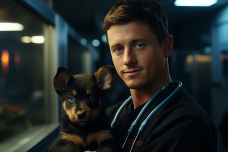 Experienced male veterinarian holding a playful puppy during a veterinary checkup at the clinicの素材