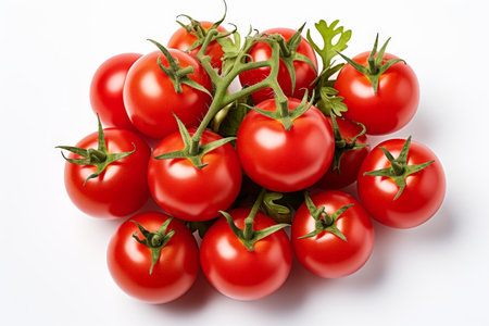 Fresh cherry tomato branch on white, top view for cooking ingredient or healthy food conceptの素材