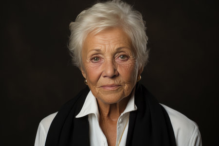 Smiling elderly woman in studio portrait wearing white t-shirtの素材