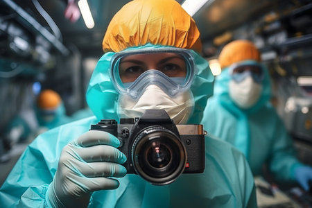 A medical vaccinologist in a protective suit holds a camera in his hands to take pictures of vaccineの素材