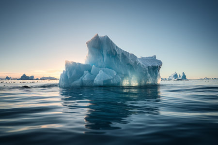Massive snowy iceberg drifting in crystal clear sea on serene sunny day, perfect for travel contentの素材