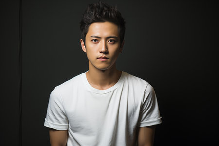 Portrait of smiling young Asian man in white t-shirt standing against black studio backgroundの素材