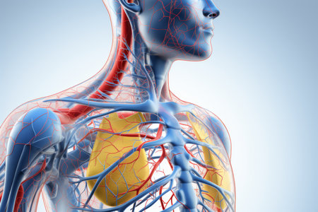 Detailed graphic illustration of human body with vibrant blue lines highlighting lungsの素材